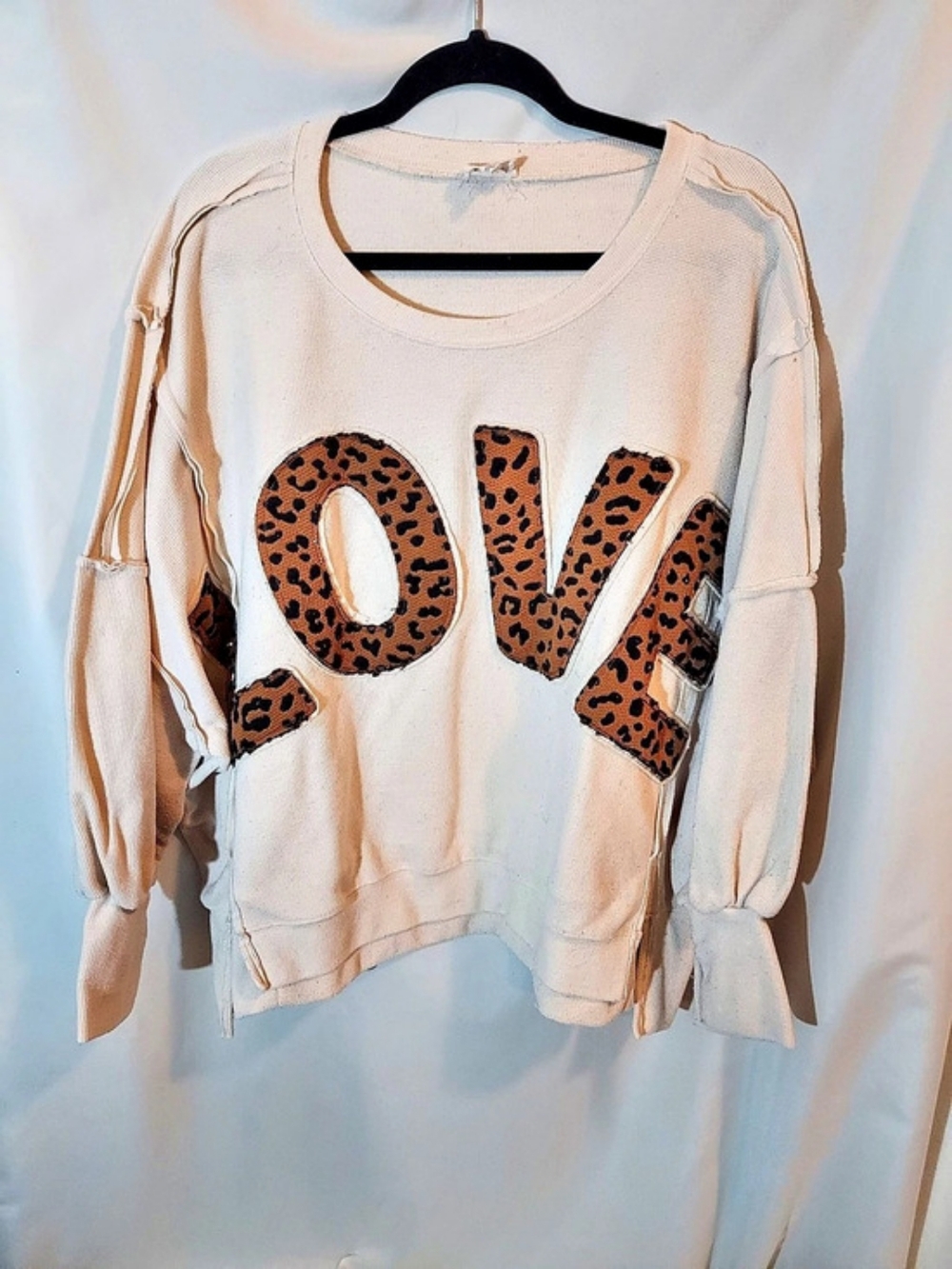 BiBi Oversized Cream Terry Knit Leopard "LOVE" Patch Graphic Pullover Top M/L
